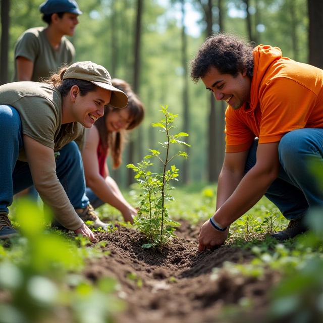 Vrijwilligers platen bomen in het bos