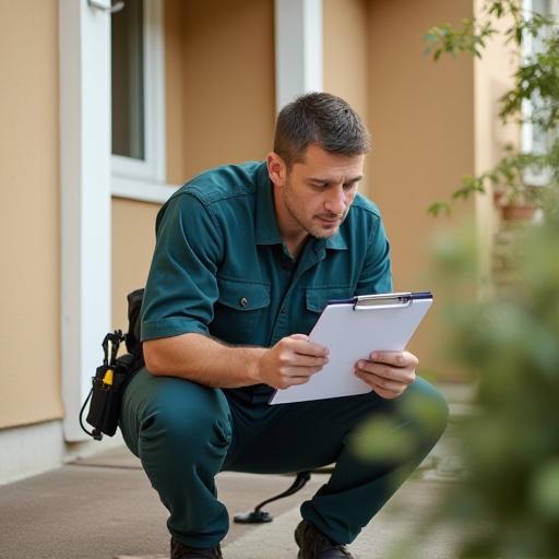 Technician with a clipboard inspecting a property corner.