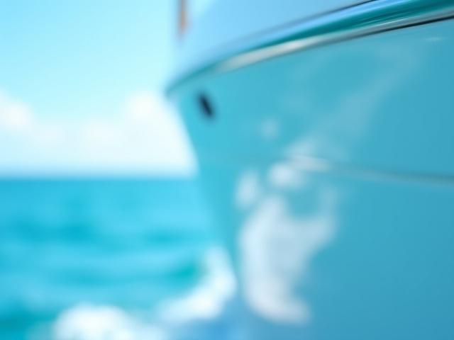 Yacht detailing with a close-up of a polished hull reflecting the sky.